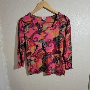 y2k Acorn Silk Cotton Jersey Knit 3/4 Sleeve Tee Floral Pink Orange Black sz L